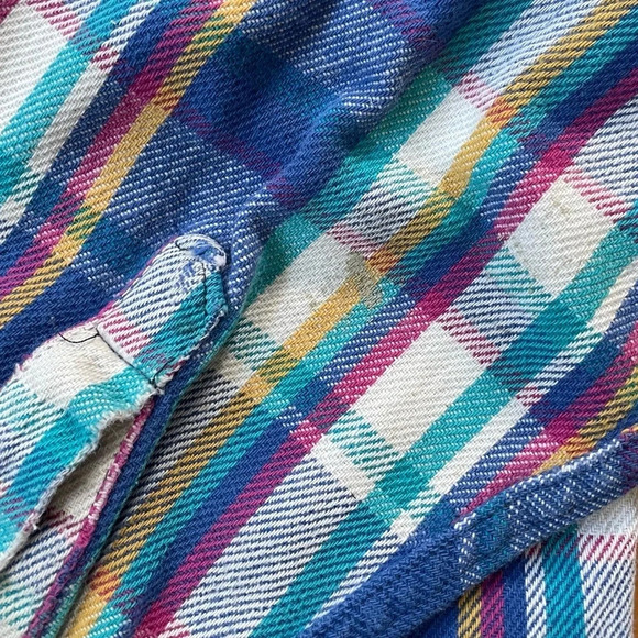 Vintage Mighty Mac Flannel Shirt XL Blue Purple Plaid Worn Distressed - Picture 5 of 7